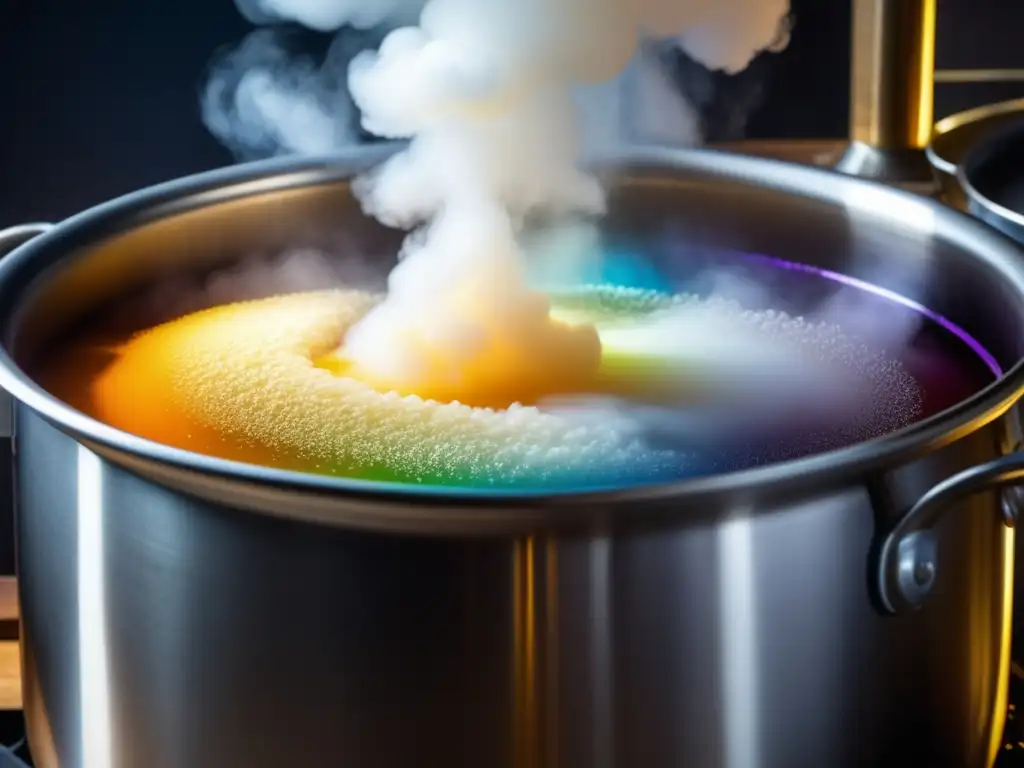 Hervido de ingredientes en olla de acero inoxidable Proceso de 'Hervido' en Taller de Homebrewing, mostrando detalles impresionantes de una olla de acero inoxidable