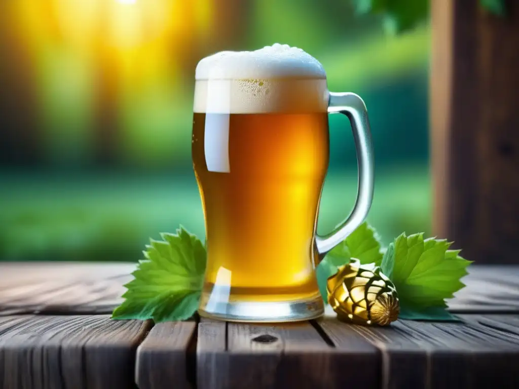 Cerveza dorada con lúpulo flotante Imagen de cerveza dorada y efervescente en vaso, con lúpulos flotantes y condensación, resaltando la hidratación de lúpulo