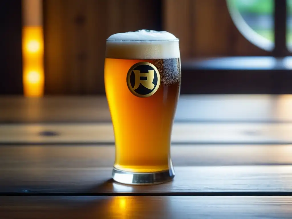 Detallada imagen de una cerveza Hitachino en una mesa de madera japonesa, con elementos tradicionales y burbujas de cerveza