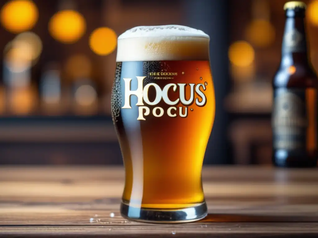 Detalle sorprendente de cerveza artesanal Hocus Pocus DNA en mesa de madera - Bares en Río de Janeiro