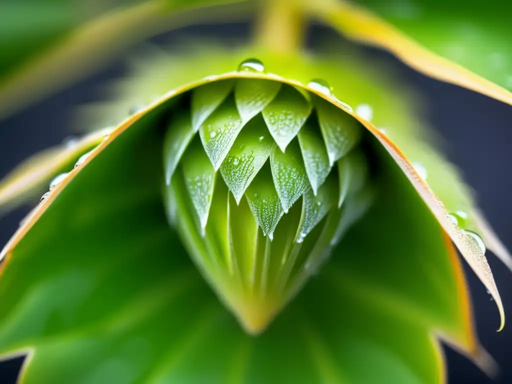 Hop cone vibrante con gotas de agua Hidratación de Lúpulo: Macro de cono de lúpulo vibrante con gotas de agua, resaltando su estructura y colores naturales