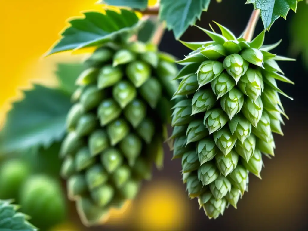 Detalle exquisito de conos de lúpulo Lúpulo: Detalles impresionantes de conos de lúpulo verde vibrante, resaltando brácteas y glándulas lupulinas