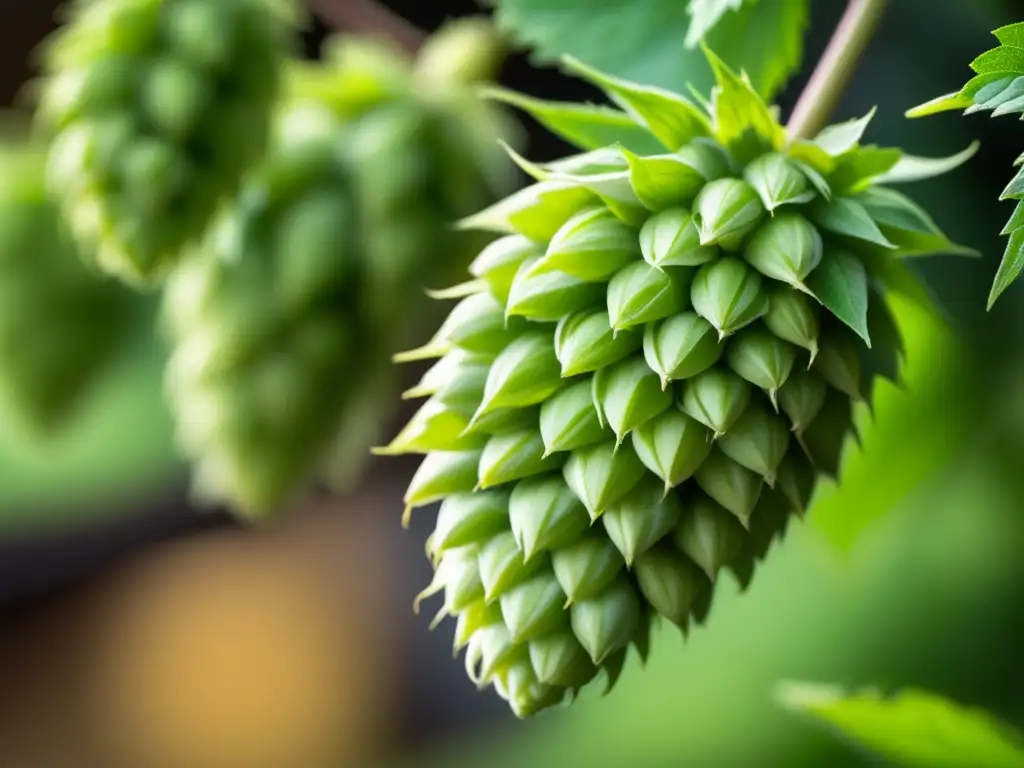 Lúpulo, Agua y Pasión: Detalle vibrante de lúpulo en una cervecería, resaltando su textura y color verde