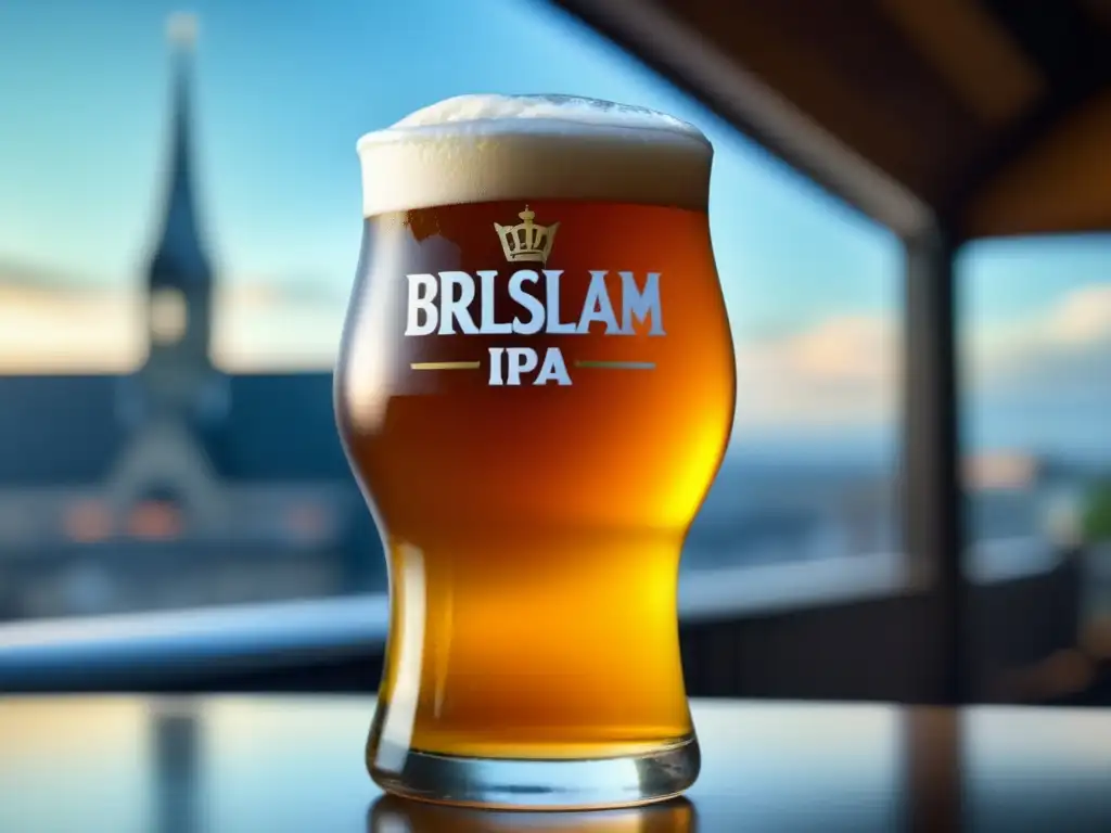 Imagen detallada de cerveza Imperial IPA, Hopslam, en vaso lleno, con burbujas y detalles, elegante y sofisticada