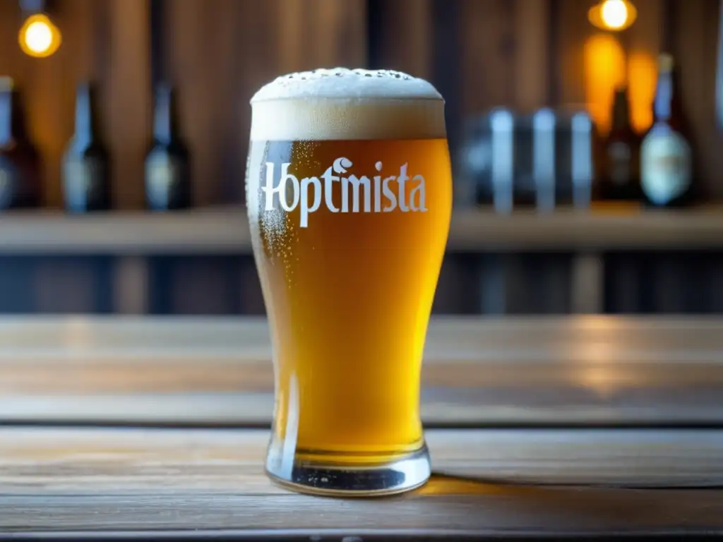 Cerveza dorada con espuma blanca en vaso Imagen detallada de una copa de Edge Brewing Hoptimista Saison en una mesa de madera rústica