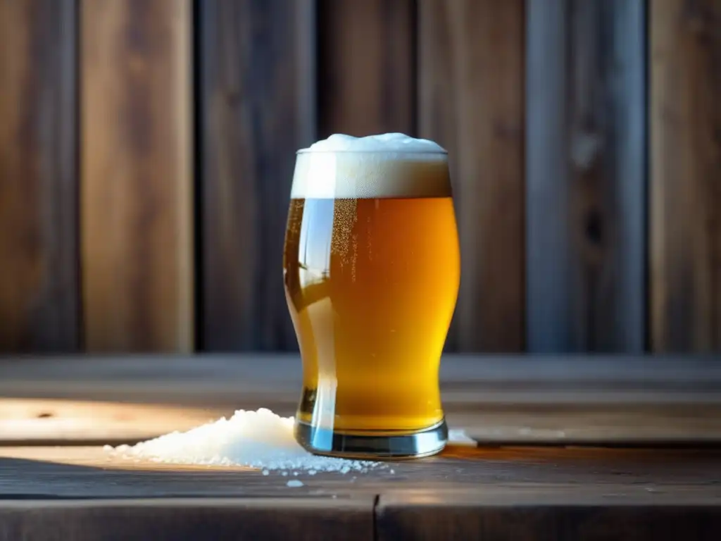 Cerveza Hoptimista Saison de Edge Brewing Imagen detallada de una cerveza Edge Brewing Hoptimista Saison con espuma blanca y burbujas en un fondo de madera rústico