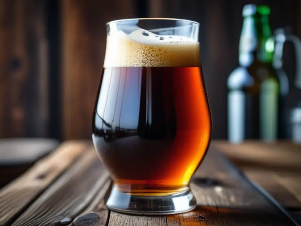 Barleywine ámbar en vaso de vidrio sobre mesa de madera rústica