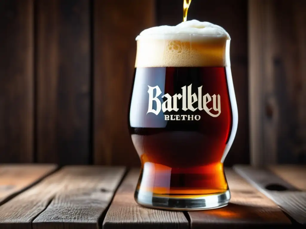 Imagen de Barleywine en vaso de vidrio ámbar, con espuma blanca y carbonatación visible en una mesa de madera rústica