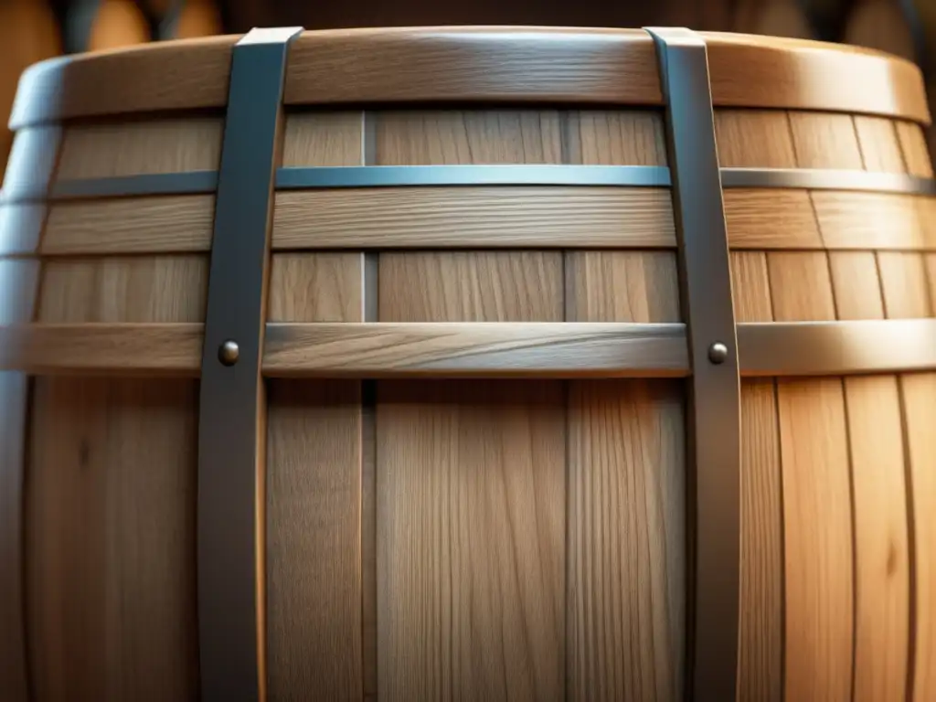 Barril de madera envejecida con detalles intrincados Barrel de madera con gran detalle, texturas y técnicas artesanales, evocando tradición y sabor