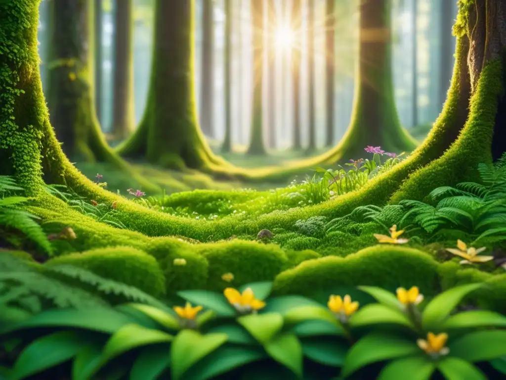 Bosque verde exuberante en detalle Macro imagen vibrante de un exuberante bosque verde, resaltando la belleza y diversidad de la naturaleza - Conservación