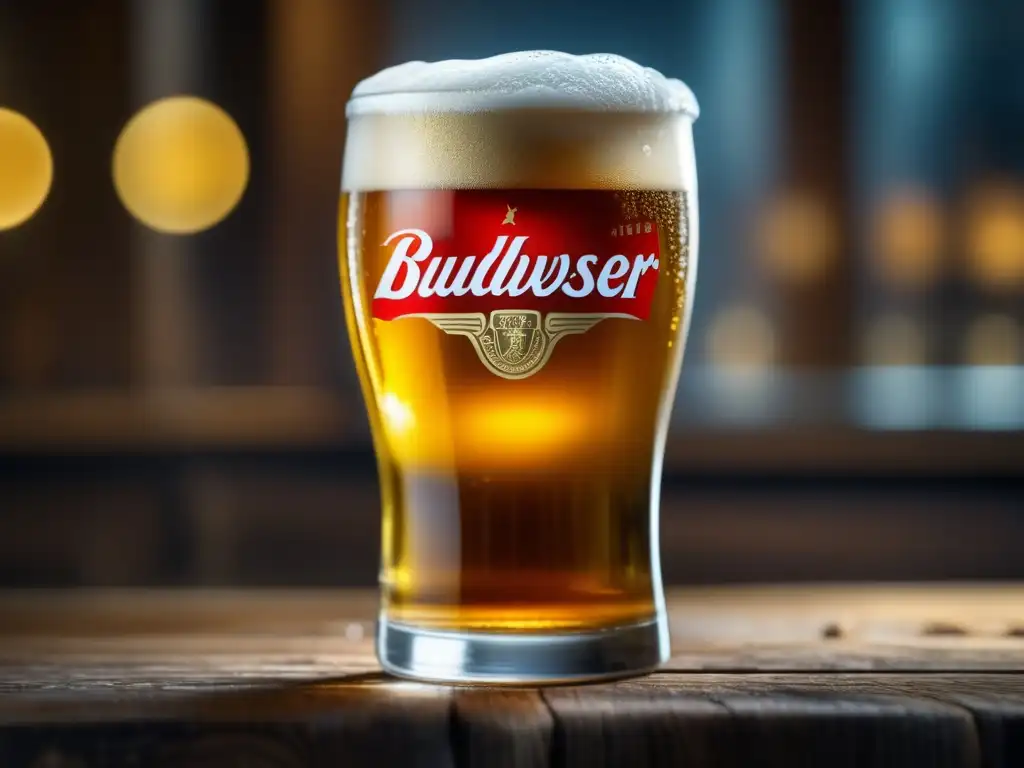 Cerveza Budweiser Lager: imagen 8k detallada de una copa llena de cerveza dorada en una mesa de madera rústica