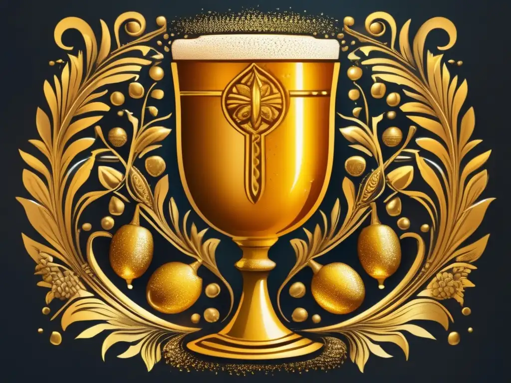 Chalice dorado con cerveza ámbar desbordante, grabados sumerios de Ninkasi, diosa de la cerveza, burbujas doradas y detalle histórico