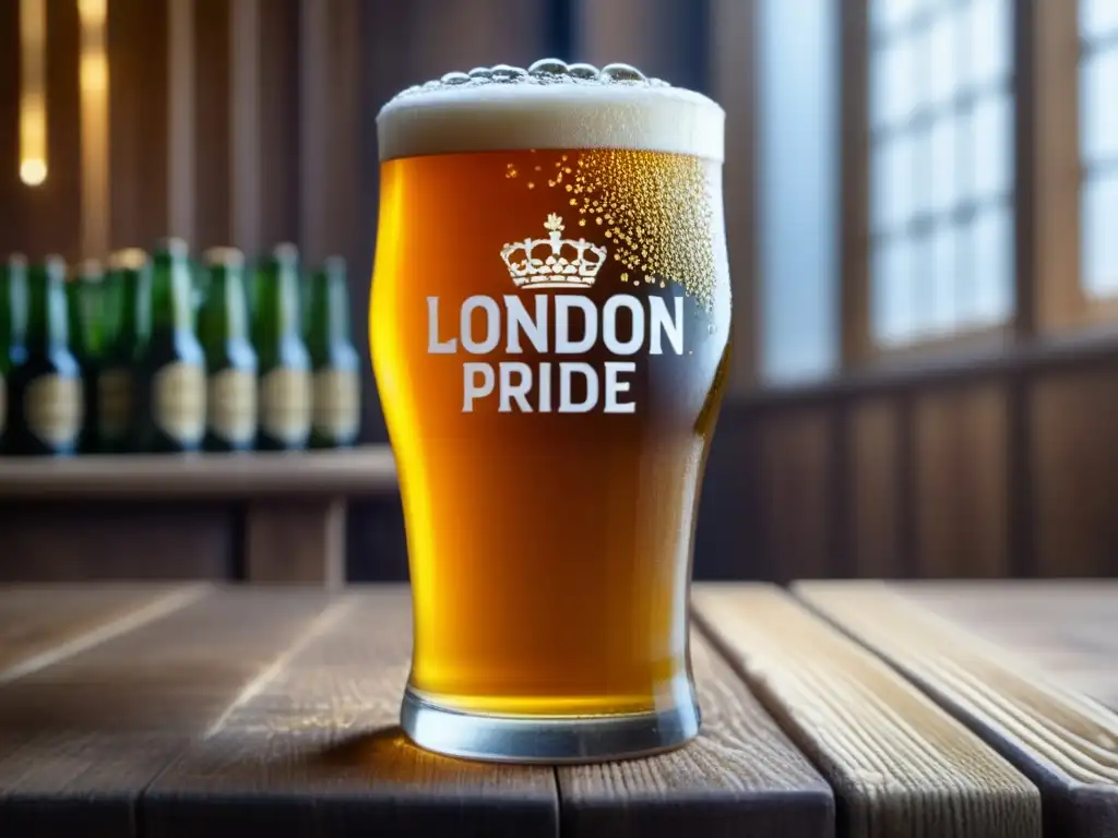 Cerveza Golden London Pride en vaso pint Cerveza inglesa London Pride Bitter, vaso frío con burbujas y color ámbar, rodeado de lúpulo y cebada