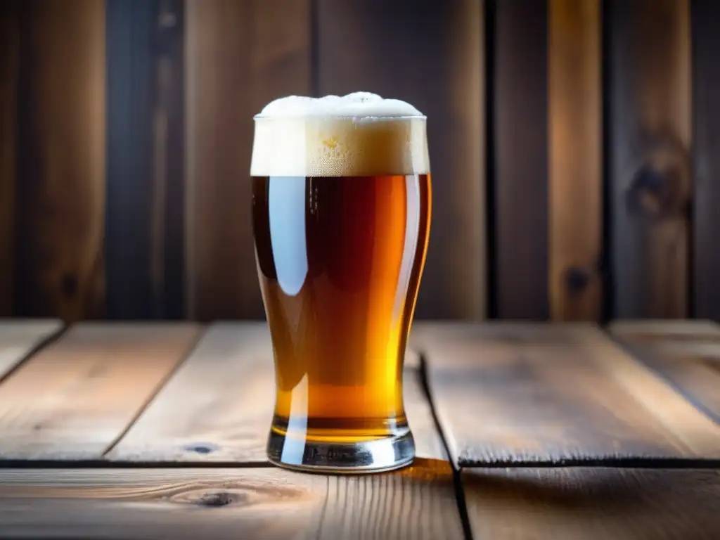 Cerveza dorada en vaso elegante Degustaciones temáticas: Cerveza ámbar con espuma cremosa en vaso elegante sobre mesa de madera rústica