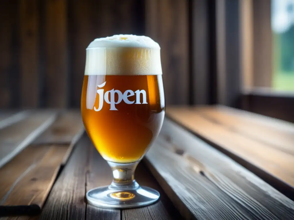Imagen detallada de una cerveza Jopen Gruit en un vaso de vidrio sobre una mesa de madera rústica