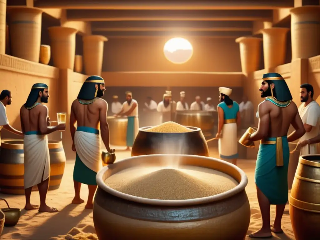 Escena detallada de la elaboración de cerveza en el antiguo Egipto