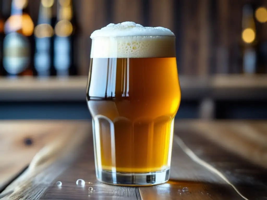 Cerveza artesanal dorada en vaso de cristal Cerveza artesanal dorada con espuma cremosa en vaso de cristal en mesa de madera - Apps para Cerveceros