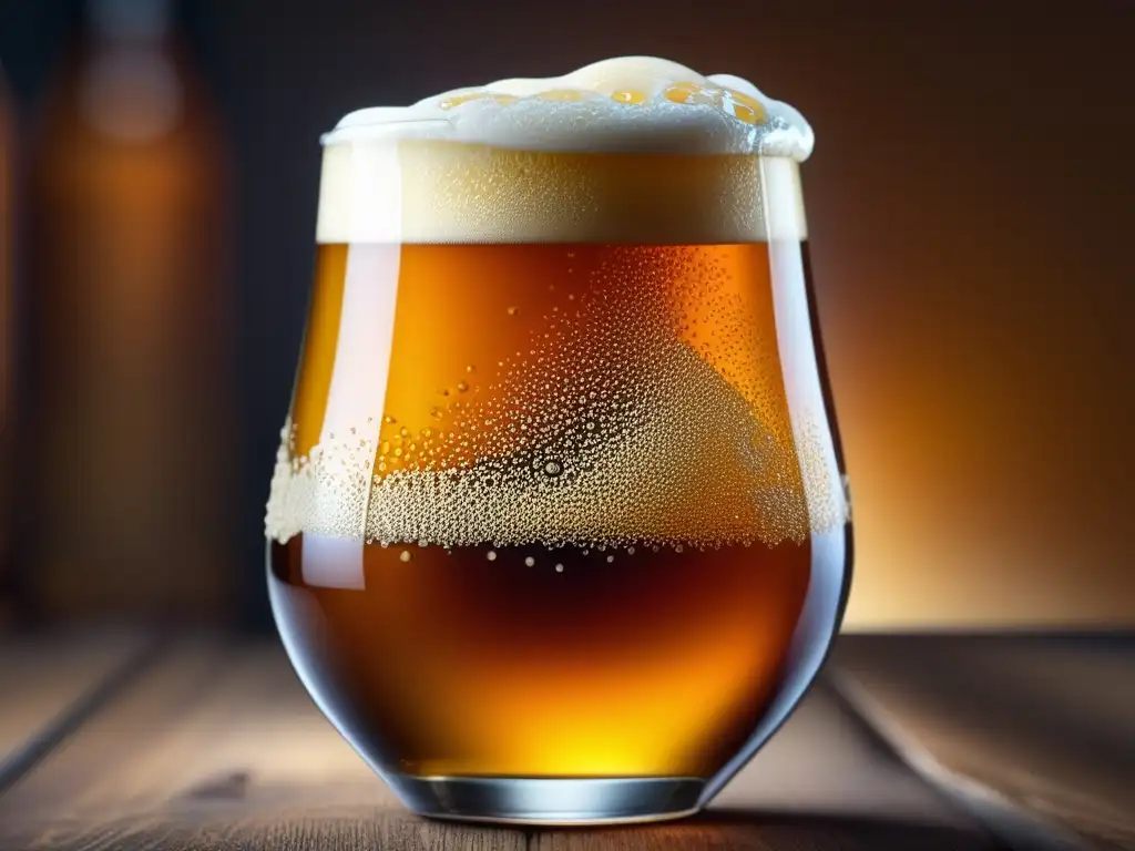Cerveza artesanal ámbar con burbujas Cerveza artesanal Entre Tanques y Barriles con burbujas y espuma