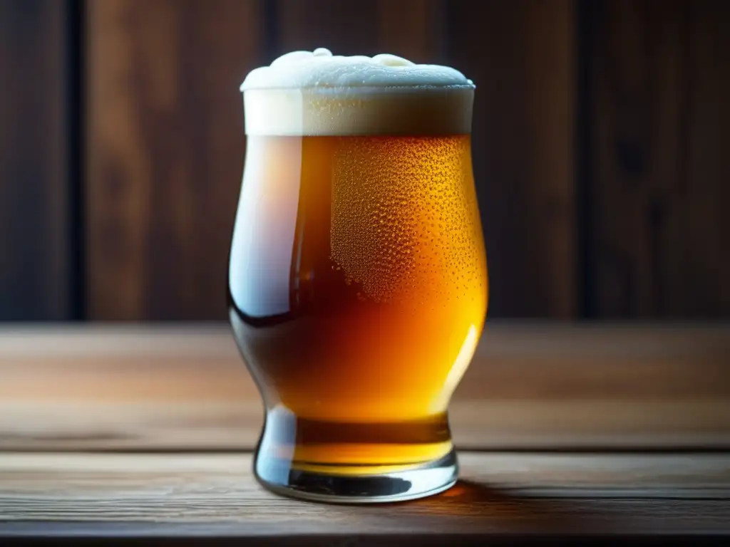 Cerveza experimental ámbar en vaso de vidrio Cerveza experimental con espuma cremosa y detalles de condensación, en mesa de madera con ingredientes de elaboración