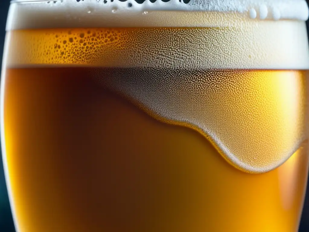 Cerveza artesanal dorada en vaso congelado, burbujas y condensación