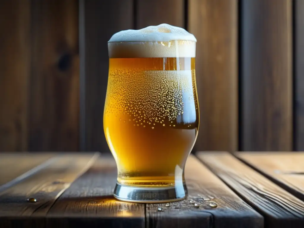 Deliciosa cerveza artesanal con 'Sabiduría Líquida' en una mesa de madera rústica