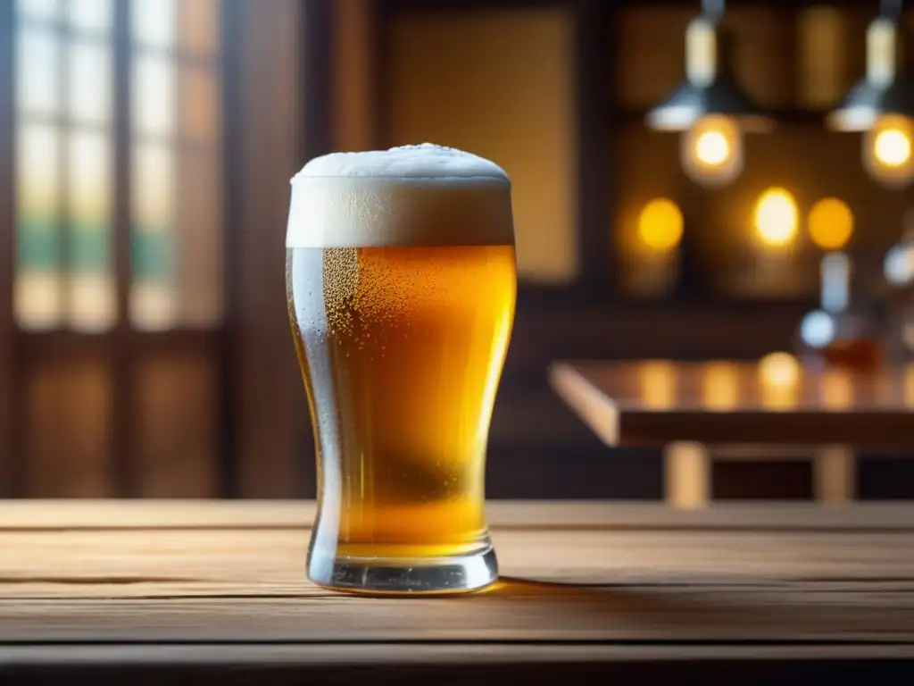 Cerveza artesanal: tradición y elegancia Las Raíces de la Cerveza: Detallada imagen de una cerveza espumosa en una mesa de madera, resaltando los tonos dorados y la carbonatación