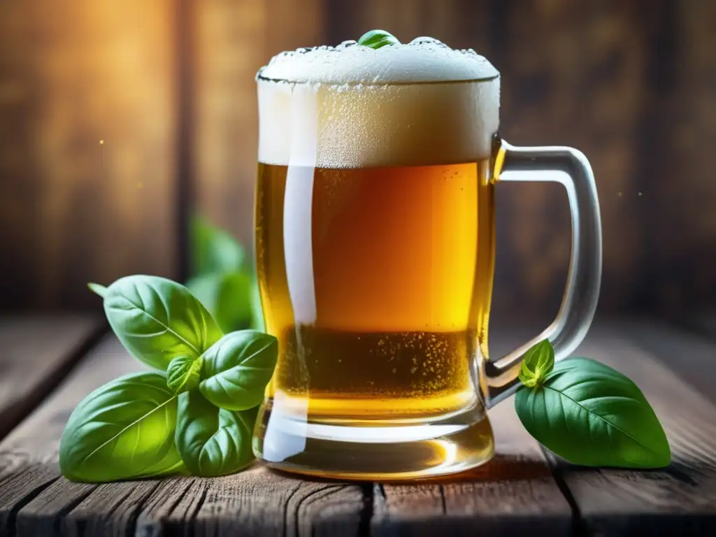 Cerveza con especias: detalles dorados, hojas de albahaca flotando