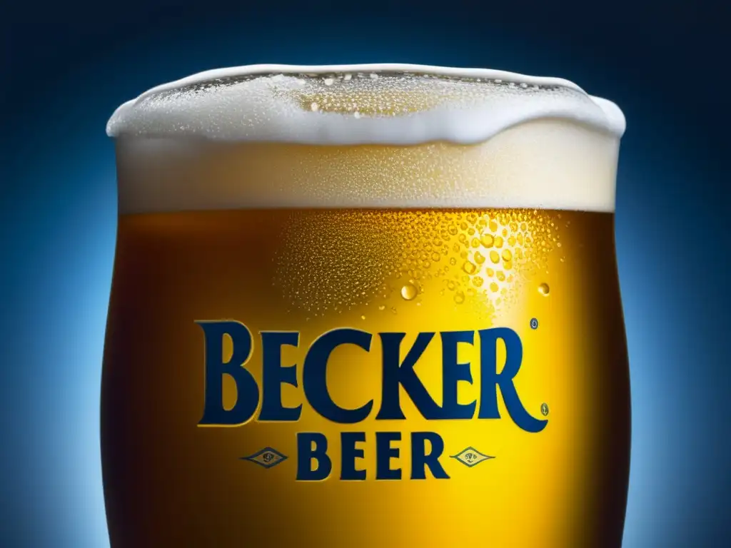 Cerveza Becker dorada y refrescante Detalles impresionantes de la cerveza Becker: vidrio lleno con líquido dorado, espuma perfecta y burbujas hipnotizantes
