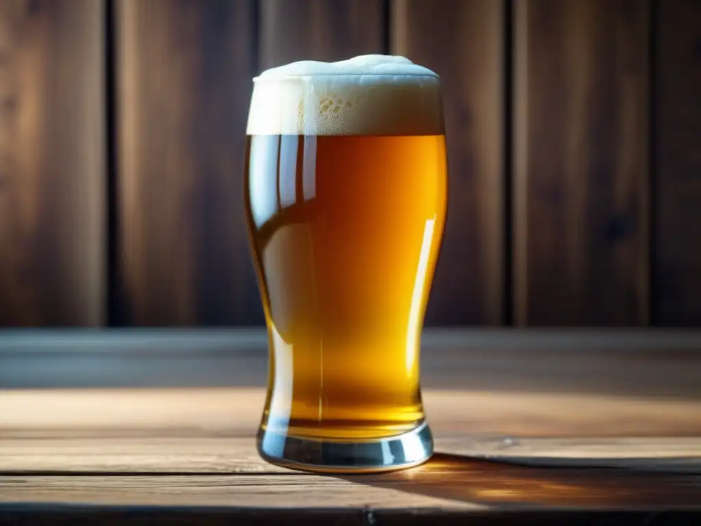 Cerveza en vidrio sobre mesa de madera rústica con rueda de sabores, ingredientes frescos y variedad de marcas de cerveza
