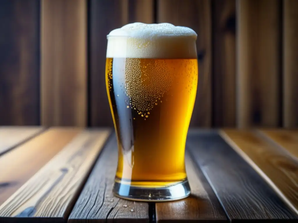 Cerveza dorada con espuma cremosa y gotas de condensación Vaso de cerveza dorada con espuma cremosa y gotas de condensación en una mesa de madera: Tradición y modernidad