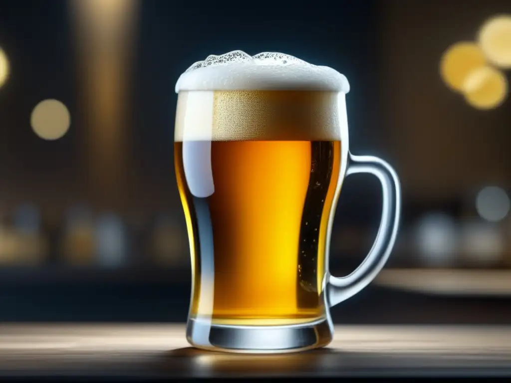 Cerveza dorada en vaso de cristal con burbujas Cervecería: Closeup de un vaso de cerveza dorada y burbujeante en una mesa de madera con una mano sosteniéndolo elegantemente