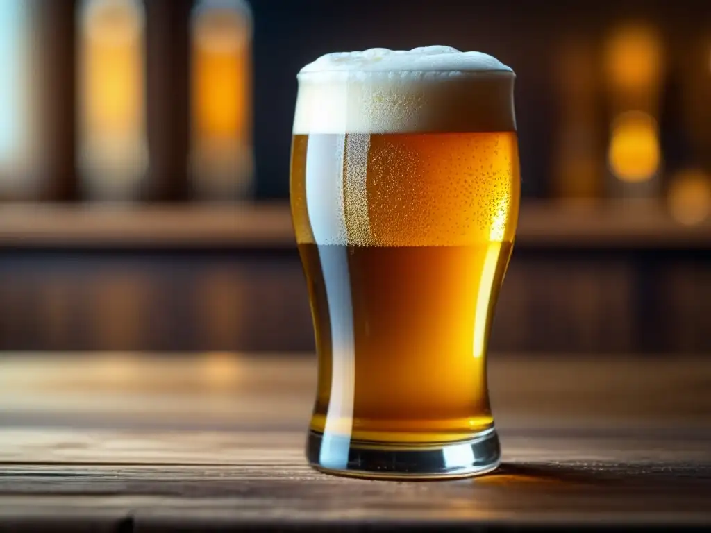 Cerveza dorada en vaso de cristal La Regla del Tercer Sorbo: Cerveza dorada y espumosa en vaso de cristal sobre mesa de madera