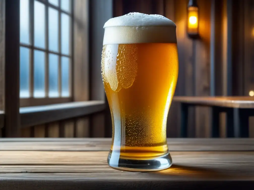 Cerveza dorada y burbujeante en mesa de madera Imagen detallada: cerveza dorada y espumosa en vaso sobre mesa de madera rústica - Entre Tanques y Barriles