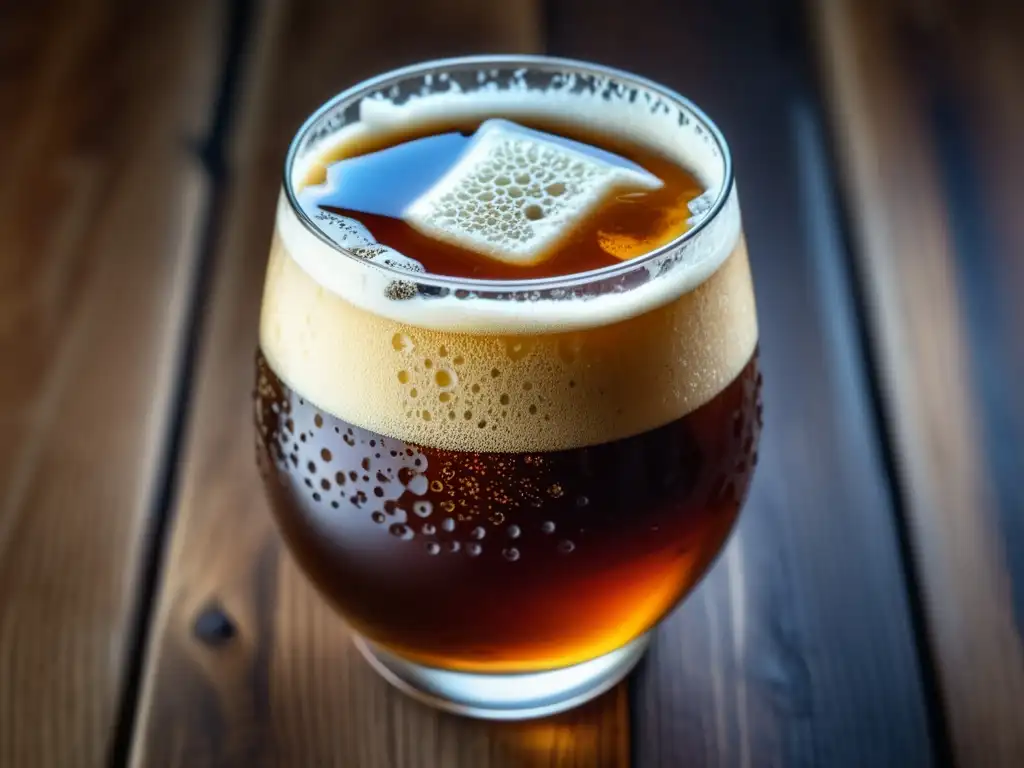 Detalle de una cerveza escocesa ámbar con espuma, rodeada de granos de malta, lúpulo y cebada