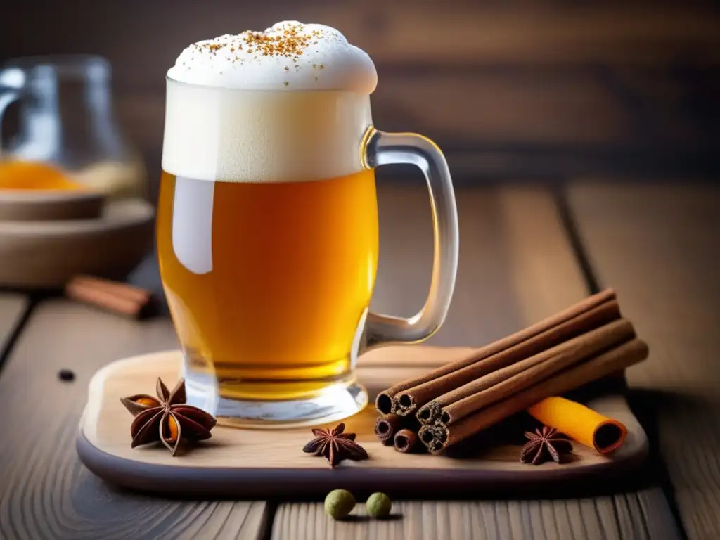 Cerveza dorada con espuma y especias Cerveza con especias en mesa de madera: rica espuma, color ámbar, especias vibrantes, luz suave