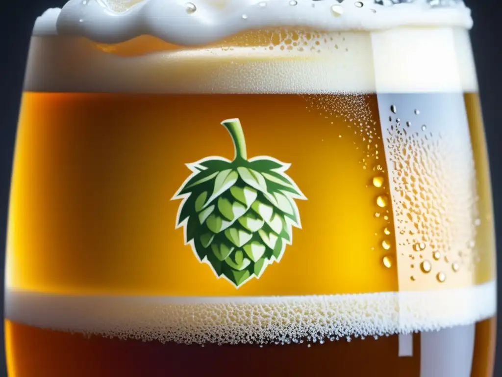 Detalle del proceso de hidratación del lúpulo en una cerveza Hidratación de lúpulo en una detallada imagen de una cerveza dorada con espuma blanca