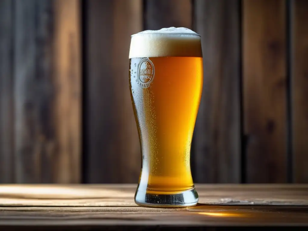 IPA dorada refrescante en mesa de madera Detalle de cerveza IPA fría: vidrio dorado, burbujas, frescura, barriles, equipamiento (110 caracteres)