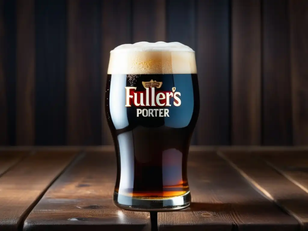 Cerveza oscura en vaso pint, tabla de madera Cerveza Porter inglesa con espuma cremosa en mesa de madera -