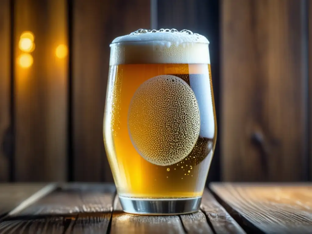 Cerveza Pale Ale dorada en un vaso con burbujas Imagen de Pale Ale dorada y efervescente en vaso sobre mesa de madera rústica