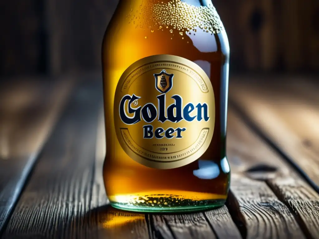 Detalle de botella de cerveza Botella de cerveza con líquido dorado y etiqueta
