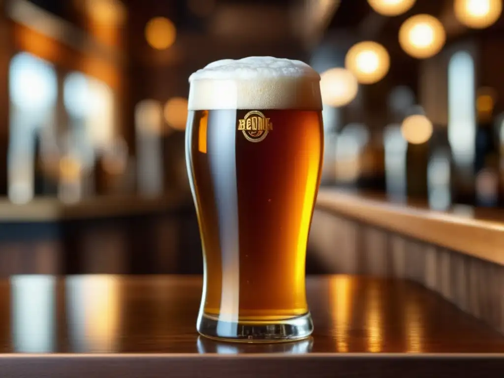 Cerveza perfectamente servida en vidrio - Cervezas en Barril: Pintura de cerveza ámbar con espuma en un vaso de vidrio en un mostrador de madera