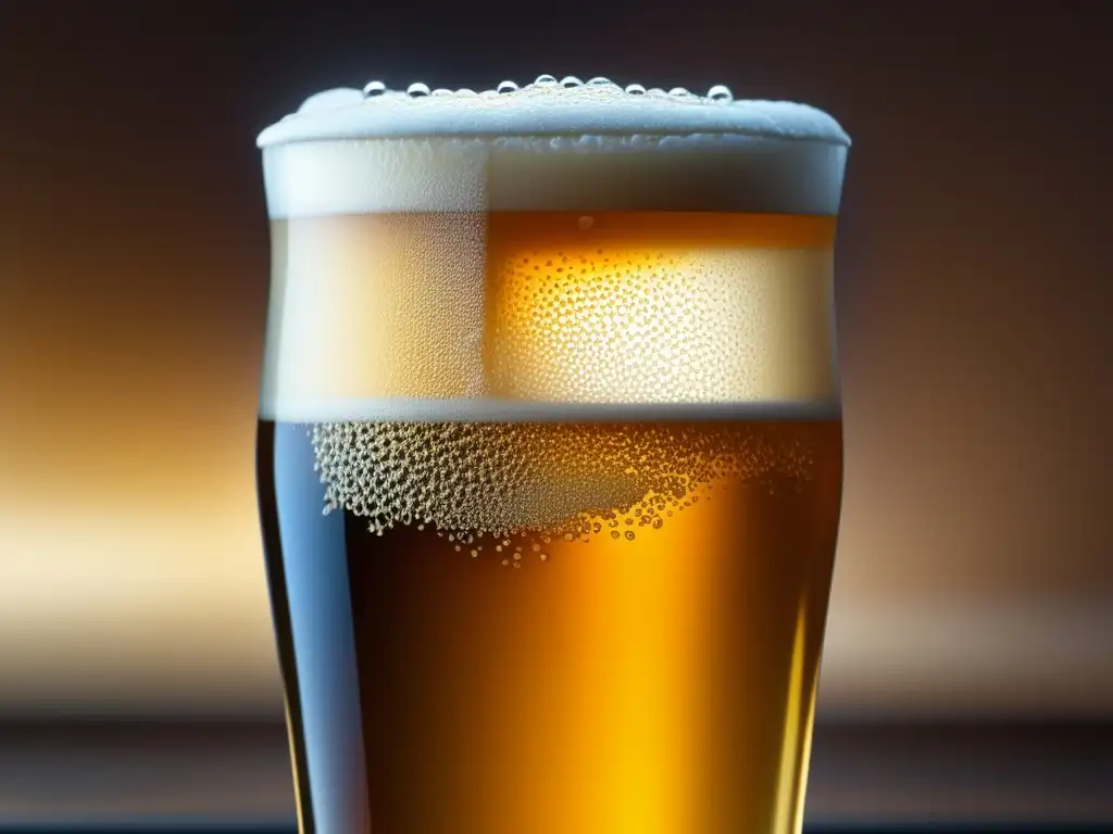 Pinta de cerveza dorada con espuma cremosa Cervezas en Barril: Detalle ultradetallado de una perfecta pinta de cerveza con burbujas suspendidas y un acabado mate