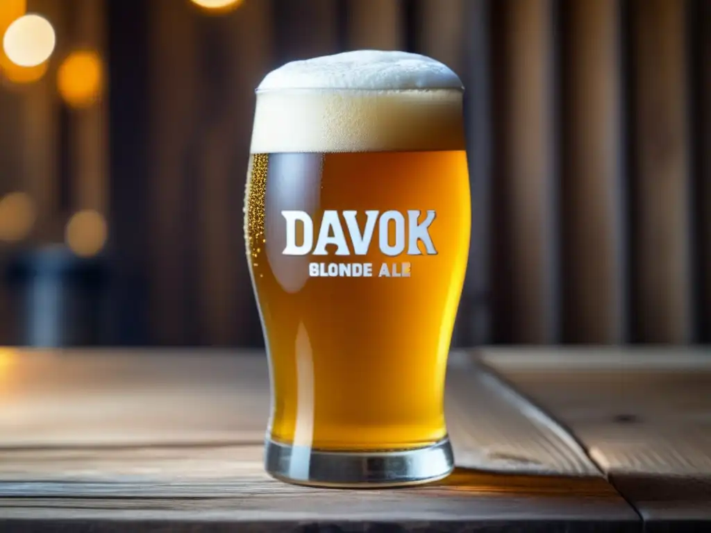 Cerveza Blonde Ale en vaso de vidrio con espuma cremosa y burbujas brillantes