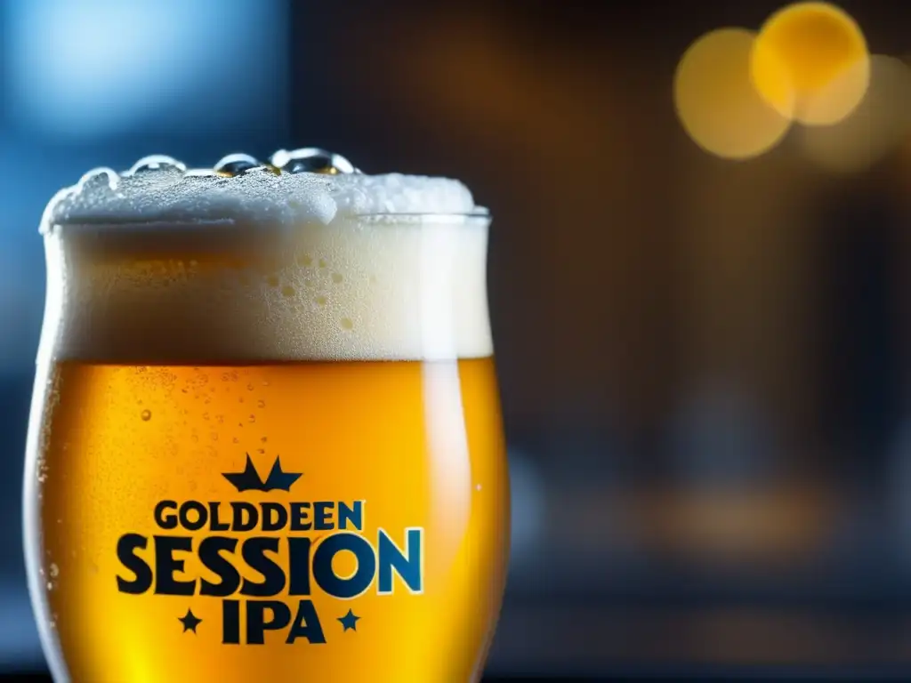 Cerveza Session IPA con espuma dorada y detalles texturizados