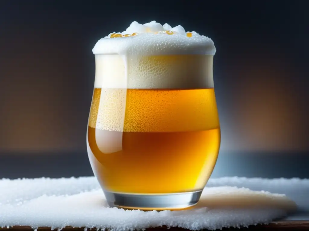 Cerveza sin alcohol dorada con espuma cremosa Cerveza sin alcohol en vaso helado y cristalino con espuma cremosa y burbujas elegantes