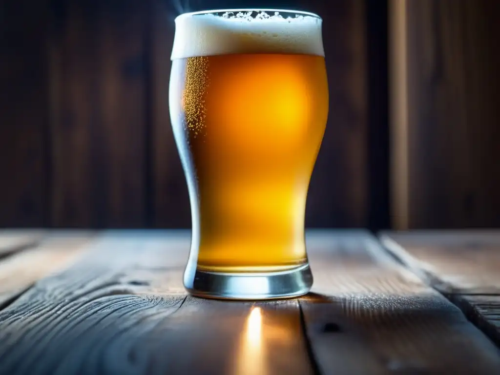 Detalles de una cerveza dorada en un vaso sobre mesa de madera, con burbujas y condensación