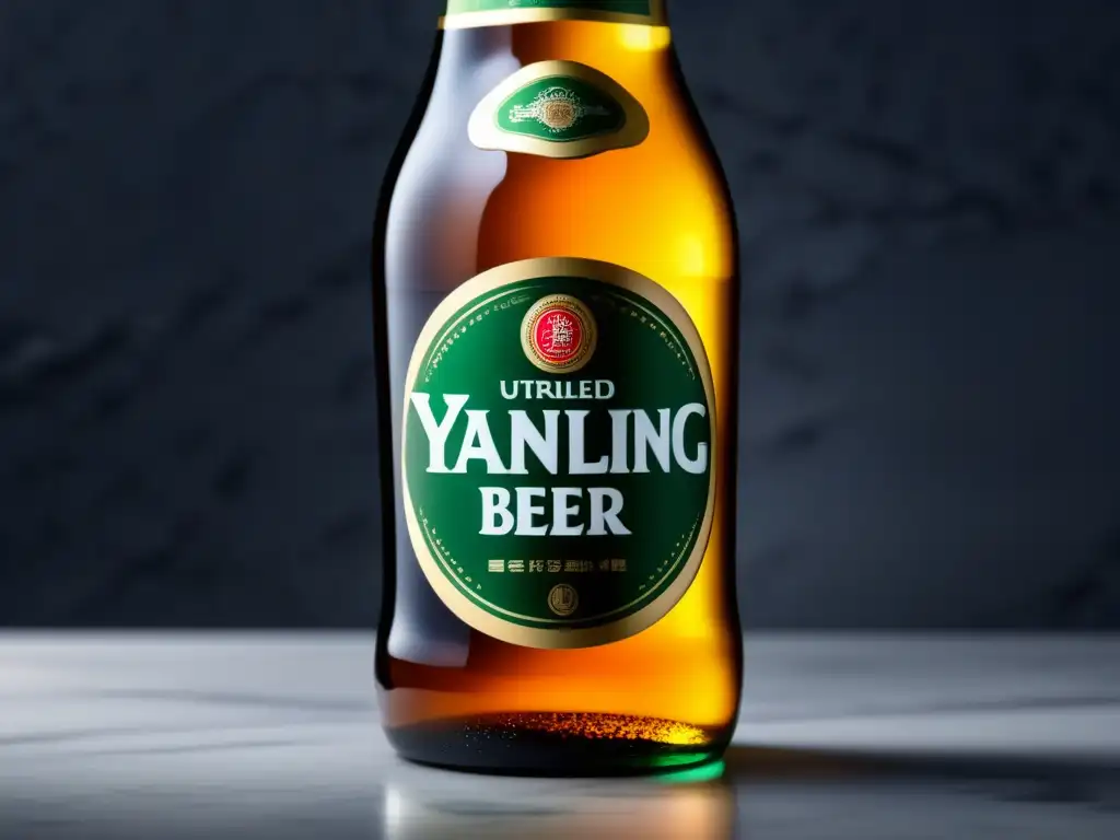 Botella de cerveza Yanjing en mármol, con gotas y etiqueta brillante