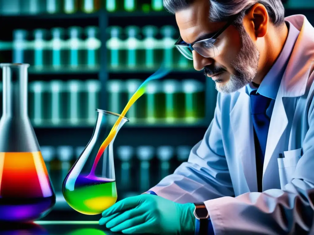 Científico vertiendo líquido colorido en matraz de vidrio Científico en bata de laboratorio vierte líquido colorido en frasco, representando la innovación en la investigación científica