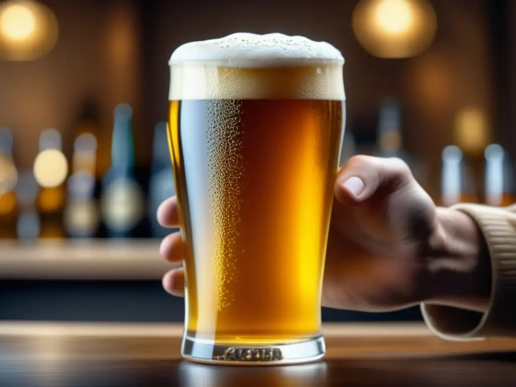 Herramientas esenciales: Detalles dorados en un vaso de cerveza 8k resaltan la importancia del vidrio adecuado para degustar