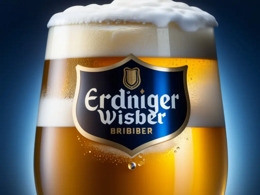 Cerveza de trigo Erdinger: Espuma burbujeante Cerveza Weizenbier con espuma, burbujas y condensación